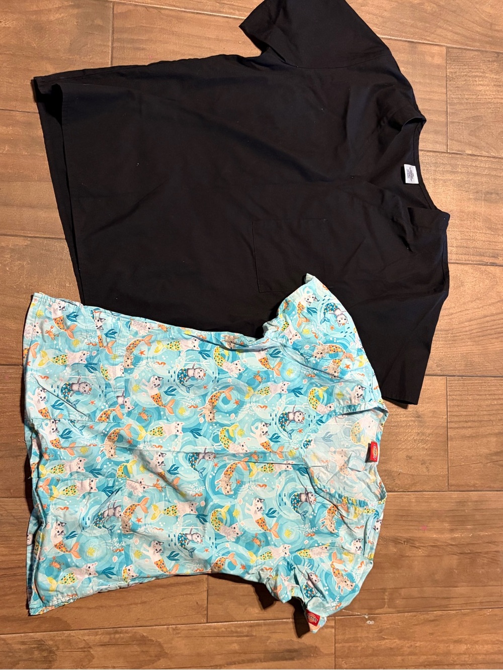 Black Scrub Top with Turquoise Mermaid Print Top -